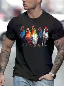 Men's T-shirt, men's personality, Rooster and sunglasses print, men's outdoor casual top, comfort and fashion coexist (Color: Black, size: M)