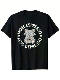More Espresso Less Depresso Coffee Cat T-Shirt, 100% Cotton, Single Side Printed, Black Short Sleeve T-shirt (Color: Black, size: XXL)