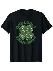 Mens One Lucky Fisherman Four Leaf Clover St Patricks Day T-Shirt, 100% Cotton, Single Side Printed, Black Short Sleeve T-shirt (Color: Black, size: S)