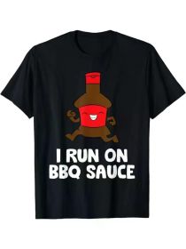 Men's "I Run On BBQ Sauce" Graphic T-Shirt - Black Cotton Casual T-Shirt with Fun Sauce Design, Comfortable Fit for All Seasons, Machine Washable (Color: Black, size: L)