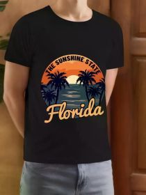 Sunset in Florida Patterned Printed Men'S T-Shirt - Cotton Summer Short Sleeve Fashion Casual Everything Comfortable High Quality (Color: Black, size: S)