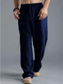 Men's Breathable Linen Loose Casual Sports Pants (Option: Dark Blue-L)